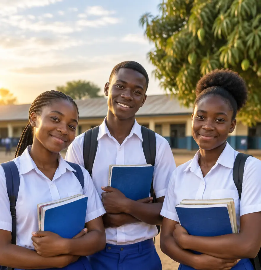 Élèves en uniforme bleu tenant leurs manuels scolaires devant leur école
