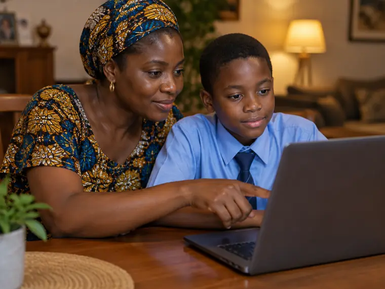 Une maman et son enfant regardent ensemble un ordinateur portable