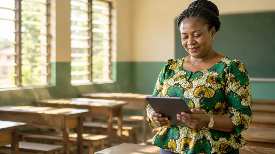 Une directrice d'école consulte la situation de son établissement sur sa tablette, dans une salle de classe lumineuse