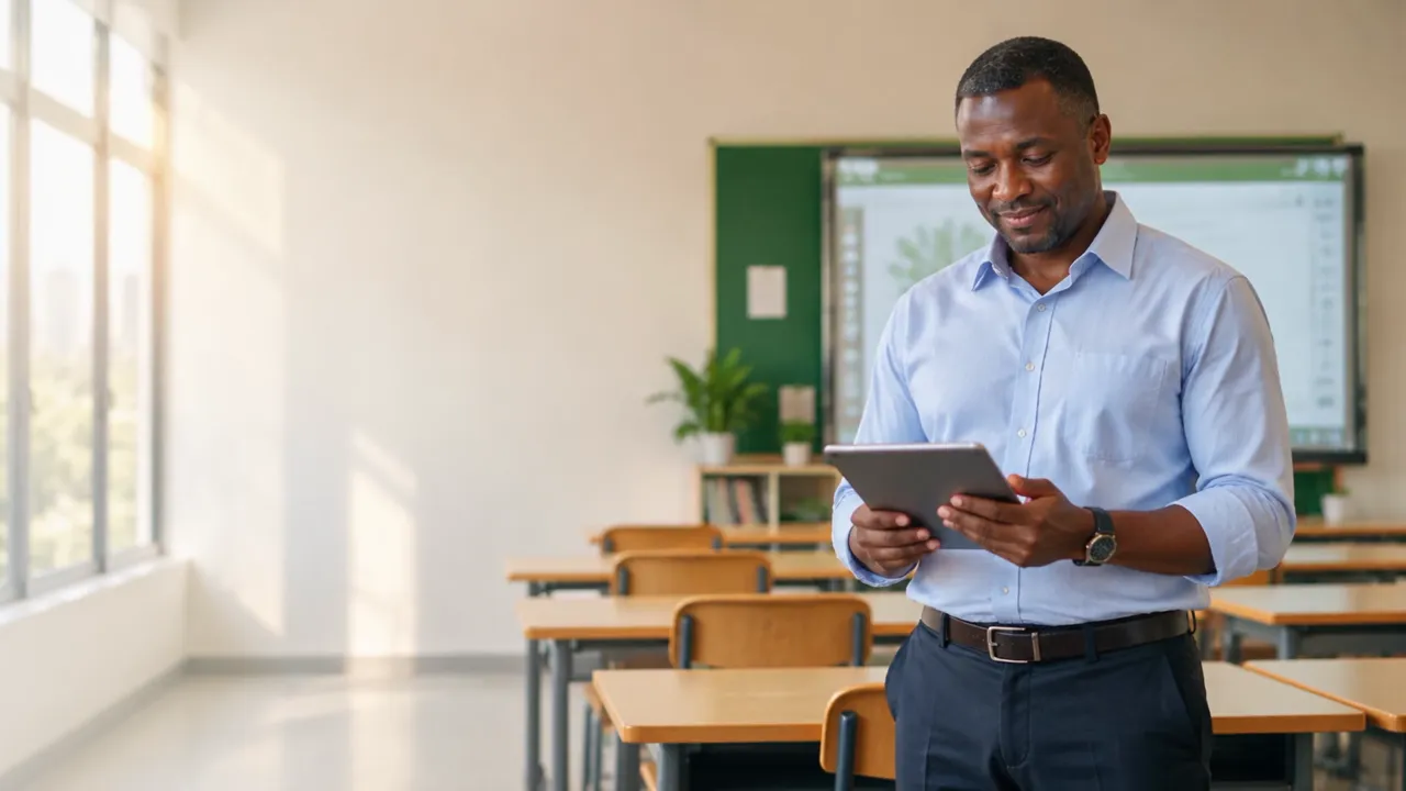 Un chef d'établissement consulte la situation de son école sur sa tablette, dans une salle de classe lumineuse