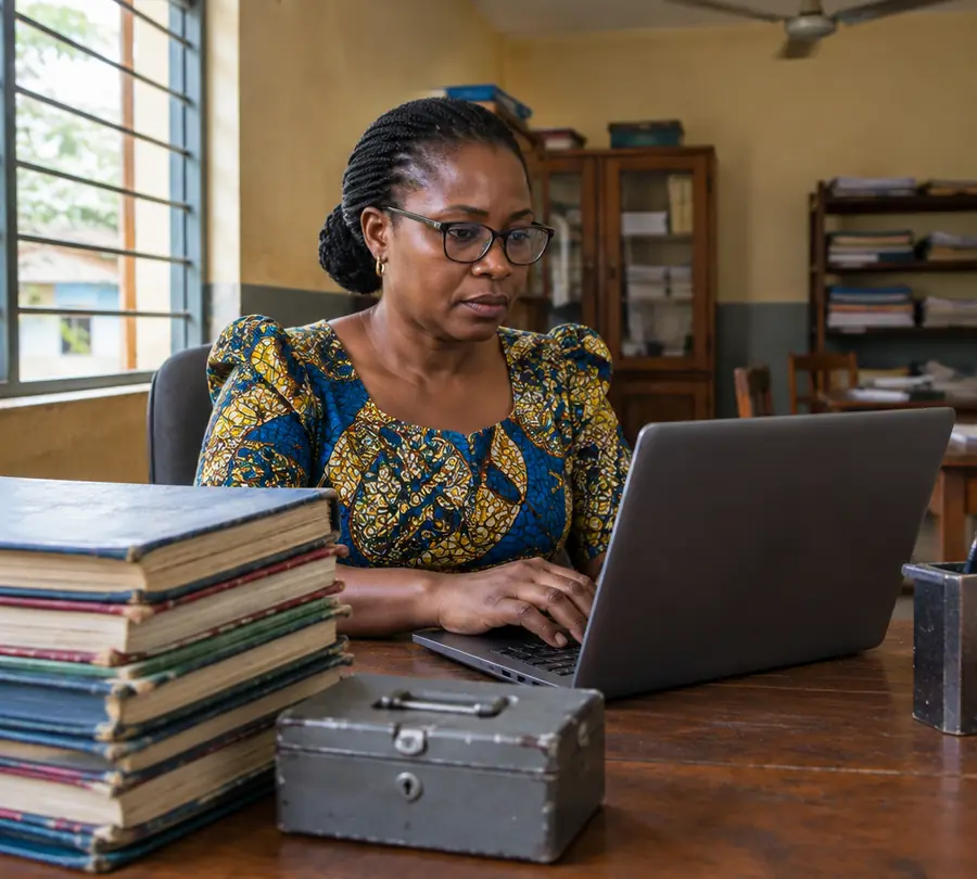 Une comptable d'école travaille sur son ordinateur portable au secrétariat
